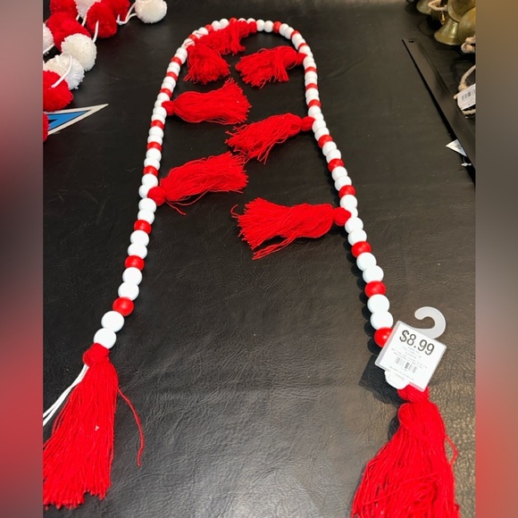 Festive Red & White Bead Garland Set 6 Included! | 72” Each |Vibrant Red Tassels - Picture 2 of 3